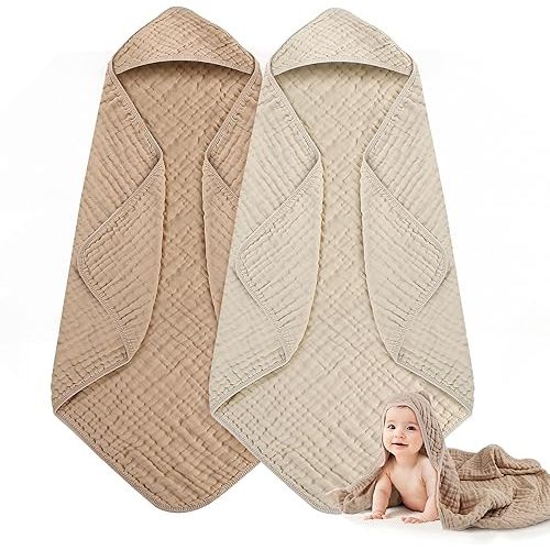 Hooded Baby Towels, 2 Pack Large Size Baby Bath Towel, Upgrade High Density 100% Muslin Cotton Baby Towels, Ultra Soft, Highly Absorbent, for Infants, Toddlers, Essential for Newborn Care, 32” x 32”