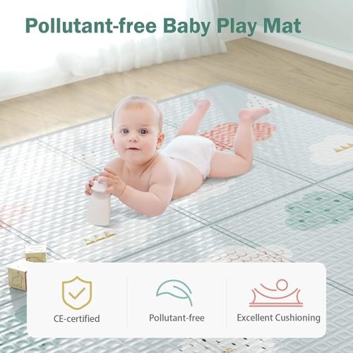 UANLAUO Foldable Baby Play Mat, Play Mat for Floor with Travel Bag (Rain+Cloud)