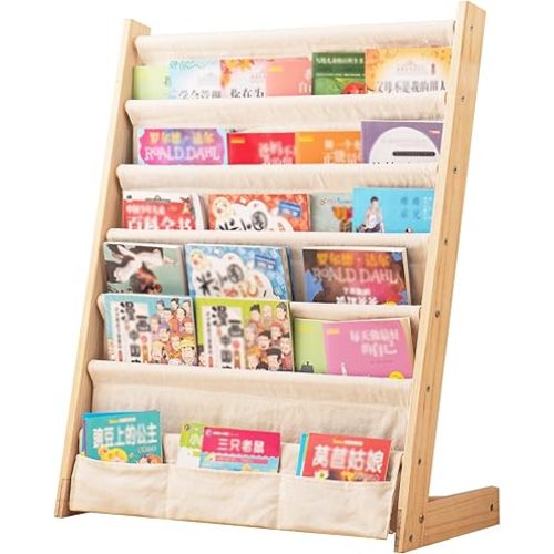 Wooden Bookshelf for Kids Wood Bookrack Canvas Book Storage Shelf Display Bookshelf 6 Tier Kids Book Rack for Bedroom Living Room Playroom Storage Organizer Natural (24.6" L x 11.81" W x 31.10" H)