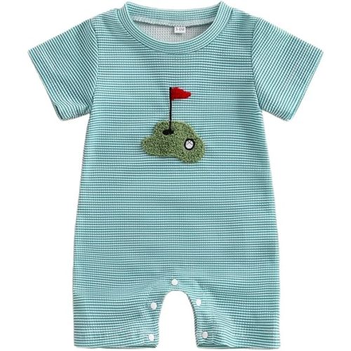 Unisex Baby Girl Boy Golf Clothes Waffle Short Sleeve Striped Bubble Romper Cute Jumpsuit Newborn Summer Outfit