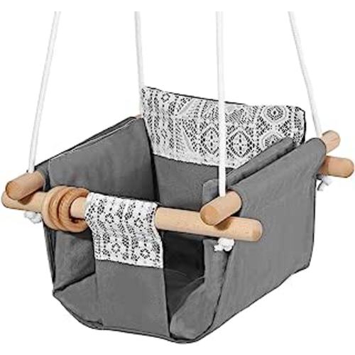 Amazon.com: Mlian Secure Canvas Baby Hanging Swing Seat Chair Indoor and Outdoor Hammock Backyard Outside Swing Kids Toys Swings 6-36 Months with Lace Décor Cushion and Natural Wooden Ring, Gray : Toys & Games