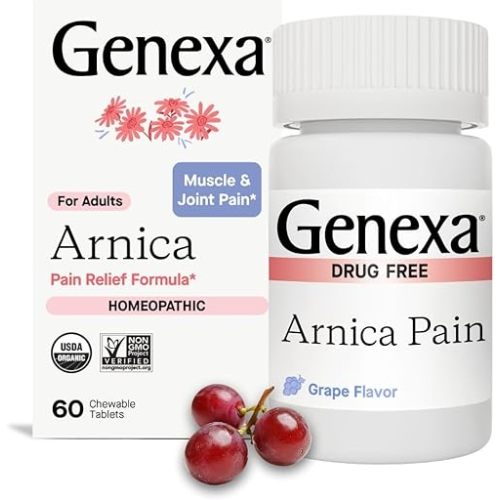 Genexa Arnica for Pain Relief | Alleviate Muscle & Joint Pain, Soreness & Stiffness | Reduces Bruises & Swelling | Organic Grape Flavor | Homeopathic Remedy Made Clean | 100 Chewable Tablets​