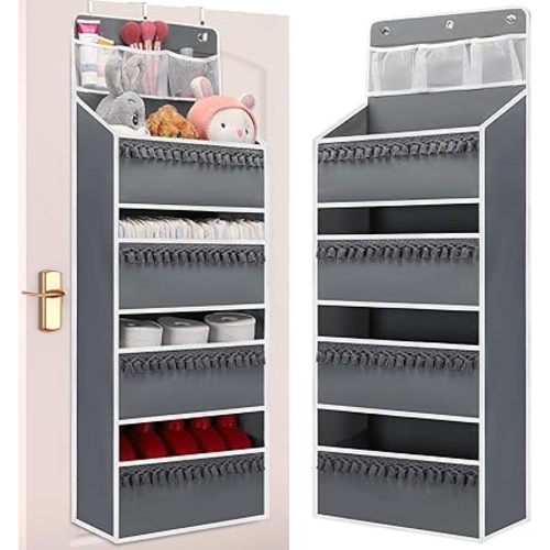 Over The Door Organizer Storage - 4 Shelf Hanging Storage with Tassels, Nursery Hanging Organizer, Anti-Tilt Behind The Door Organizer for Bathroom,Bedroom,Kitchen,Dorm,1 Pack,Grey