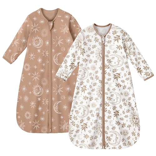 Unnivoll Baby Sleep Sack 6-12 Months 100% Cotton Long Sleeve Wearable Blanket Baby Sleep Bag with 2-Way Zipper 2 Pack 0.5 Tog Sleeping Sack for Newborn Infant