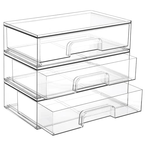 Vtopmart 12.1''W Clear Stackable Storage Drawers,3 Pack Acrylic Plastic Organizers Bins for Makeup Palettes, Cosmetics, and Beauty Supplies,Ideal for Vanity, Bathroom,Cabinet,Desk Organization