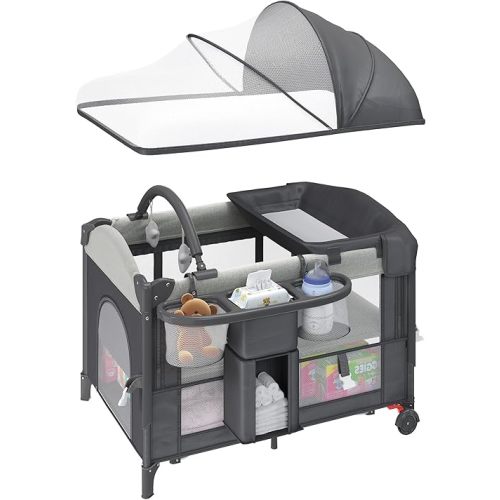 HOMMOW 5-in-1 Baby Bassinet Bedside Sleeper with Swing Tube Converts to Cradle, Baby Crib with Mattress, Detachable Diaper Changer, Mosquito Net and Toy, Free-Installation, Grey
