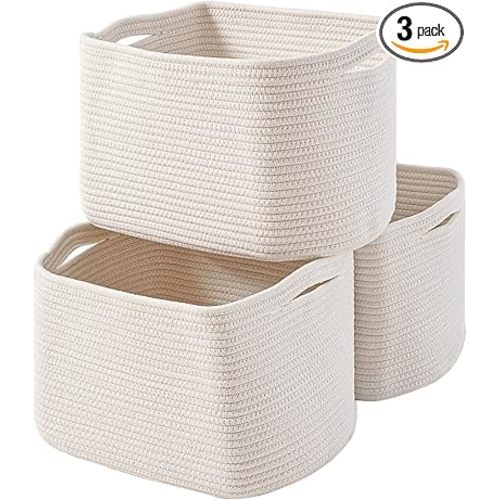 Storage Baskets for Organizing Shelves, Woven Cotton Rope Bins for Baby Nursery Organization, Book Toy Towel Organizer, 15"x11"x9.5", 3 Packs, Off White