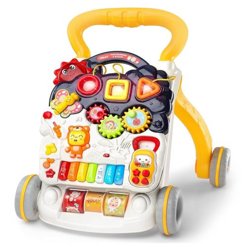 YOLAY Baby Walker Push with Wheels, Sit-to-Stand Walker for Baby Boy and Girl 6-12 Months with Detachable Play Panel, Stable Handle, Early Learning Activity for Kids - Yellow