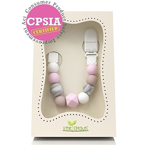 Pacifier Clip - 2 in 1 - Modern and Trendy - Teething Silicone Beads with Unique Shapes - Best for Teether Toys, Stuffed Animals, Soothie/MAM, Infant Blankets & Drool Bibs - Girl's Binky Holder