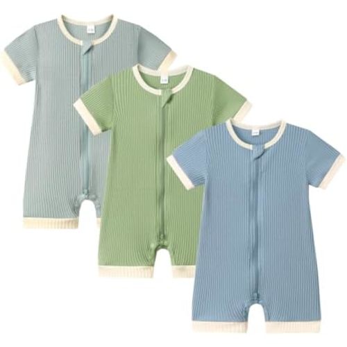 Bafeicao Unisex Baby Boy Girl 2 Pack Rompers Short Sleeve 2 Way Zipper One Piece Jumpsuits Clothes Sets