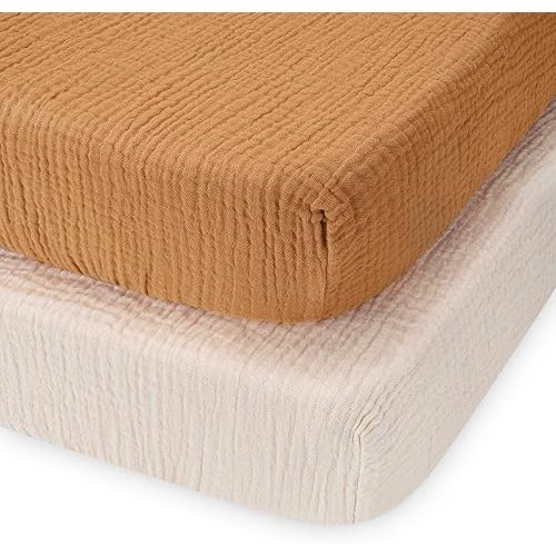 Blissful Diary Muslin Mini Crib Sheets, Pack and Play Mattress Sheets Fitted for Pack N Play, Soft Cotton for Boys Girls, 2 Pack(Retro Yellow&Beige)