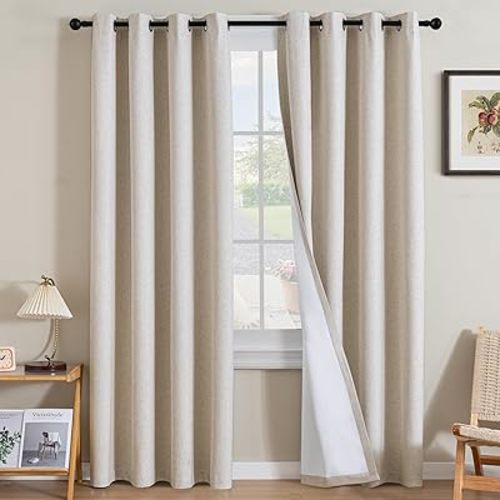 H.VERSAILTEX Linen Curtains 100% Blackout Curtains for Bedroom 84 inch Long Full Light Blocking Nature Linen Blended Window Curtains for Living Room Nickel Grommet (2 Panels, Heathered Natural)