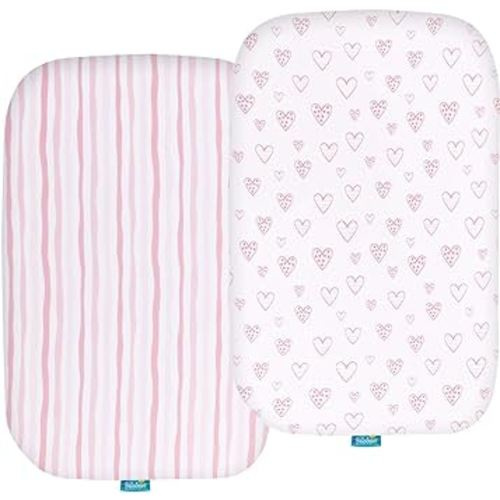 Bassinet Sheets Compatible with ANGELBLISS Baby Bassinet, Koolerthings (3 in 1) Baby Bassinet, Pamo Babe and Ihoming Bedside Bassinet, 2 Pack, 100% Jersey Cotton, Breathable and Soft, Pink Print