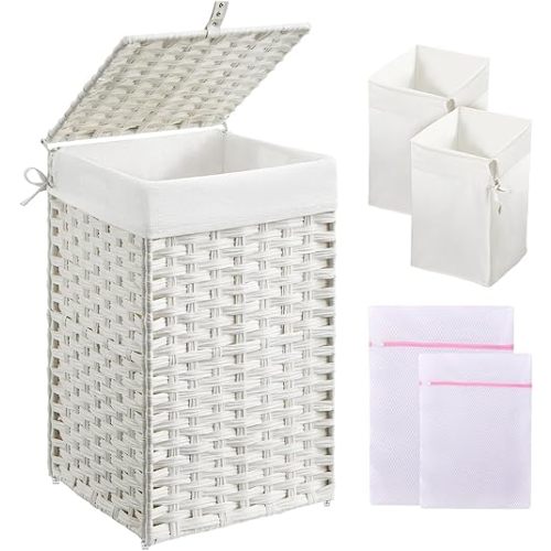 Greenstell Laundry Hamper with Lid, 60L Clothes Hamper with 2 Removable Liner Bags & 2 Mesh Bags, Handwoven Synthetic Rattan Basket, Toys in Bathroom, Bedroom White