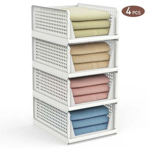 Stackable Plastic Storage Basket, 4 Pack Folding Closet Organizers Storage Box, Closet Organizers and Storage Drawer Shelf Storage, Storage Bins for Wardrobe Kitchen Bathroom Office Dorm, White