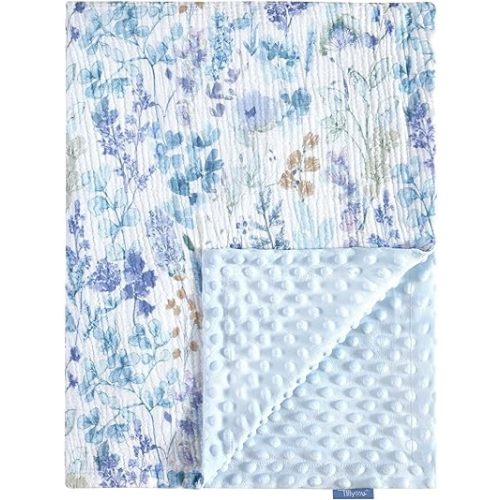 TILLYOU Baby Blankets for Girls Boys, Receiving Baby Blanket with Double Layer Soft Plush, Minky Muslin Cotton Front and Dotted Backing 30"x40", Blue Flower
