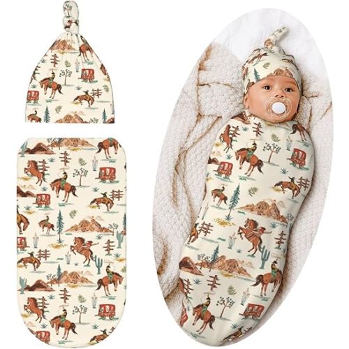 Western Style Swaddle Blanket with Hat for Baby, Swaddling Sleeping Sacks Unisex Baby Stuff, Western