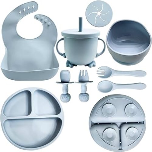 Baby Led Weaning Supplies | 10 Piece Silicone Feeding Set | Baby Toddler Bib Cup Divided Plate and Bowl Self Feeding Spoons Dish Set | Baby Utensils | Toddler Feeding Supplies (Blue)