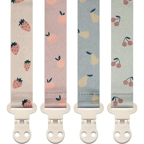 Baby Pacifier Clip Holder - Girl or Boy Unisex 4 Pack Gift Set – Summer Peaches Strawberies Cherries Pears (Fruits)