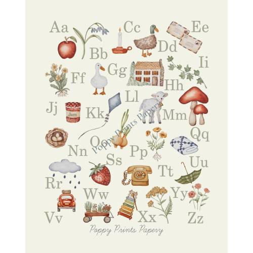 Alphabet Chart PRINTABLE (hand painted images) alphabet ,goose, candle, school ,abc ,printable, cottage ,flower, fall, decor,back to school