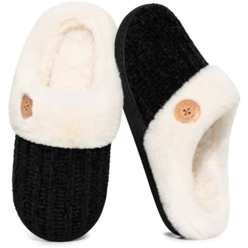 Evshine Warm Knit House Slippers for Women Comfy Wool-Like Lined Chenille Slippers with Memory Foam and Indoor Outdoor Soles