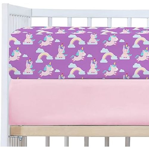 Crib Sheets for Girl Unicorn, 2 Pack Toddler Bed Sheets Set, Purple Unicorn Bed Sheets for Baby with Rainbow Crib Sheets, Made of Soft Microfiber, 28x52in Fits Crib Mattress and Toddler Mattress