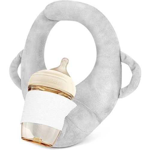 Bottle Holder for Baby Self Feeding,Portable Baby Bottle Holder Hands Free,Adjustable Breastfeeding Pillows Support with Side Handles,Newborn Essentials,Machine Washable(Grey)