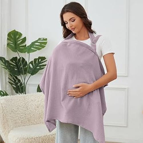 Nursing Cover for Baby Breastfeeding with Rigid Hoop, Breathable Soft 100% Muslin Cotton, Baby Breast Feeding & Pumping Apron (Light Purple)