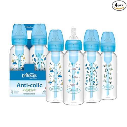 Dr. Brown's Natural Flow Anti-Colic Options+ Narrow Baby Bottle, Blue Nature, 8 oz/250 mL, with Level 1 Slow Flow Nipples, 0m+, 4 Pack
