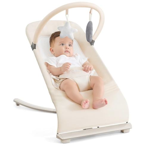 3-in-1 Portable Baby Bouncer & Rocker Chair for Newborn to Toddler - 4 Adjustable Recline Positions, Breathable Cotton Fabric, Natural Vibration, Supports Up to 33 lbs (Oatmeal Khaki)