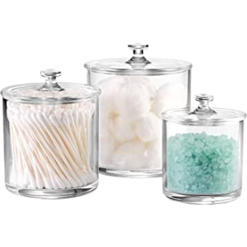 Premium Quality Acrylic Qtip Holder Apothecary Jars Bathroom Vanity Organizer Canister for Qtips,Cotton Swabs,Cotton Balls,Cosmetic Pads,Flossers,Nail Polish,Bath Salts,Clear,Plastic | 3-Pack