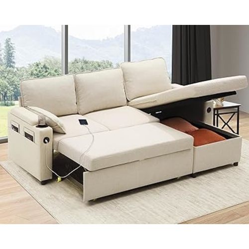 DURASPACE Sofa Bed Sleeper Pull Out 2 in 1 Sectional Sleeper Sofa Couches with Storage,USB, Cup Holder,Pullout Sectional Couches for Apartment Living Room (Beige)