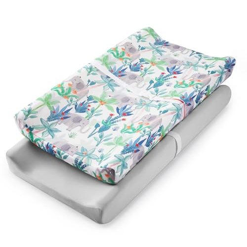 TILLYOU Baby Changing Pad Cover, Changing Table Cover for Girls Boys, Ultra Soft Breathable, 2 Pack Rainforest Elephant & Grey