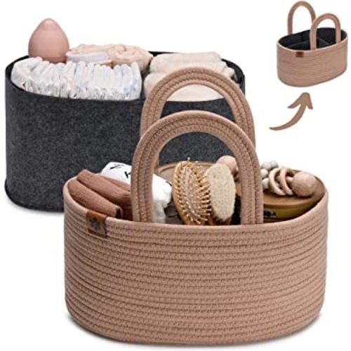 PeraBella 2-in-1 Baby Diaper Caddy Organizer for Changing Table, Cotton Rope Diaper Basket for Boy, Girl, Gift for Baby Shower, Nursery Diaper Organizer, Portable Diaper Storage, Car Caddy Organizer