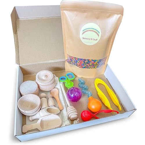 Rainbow Rice and Sensory Bin Tools (10 Pieces), Wooden Sensory Bin Tools and Scoops with Chemical-Free and Food-Safe Rice, Table Tools for Fine Motor Skills