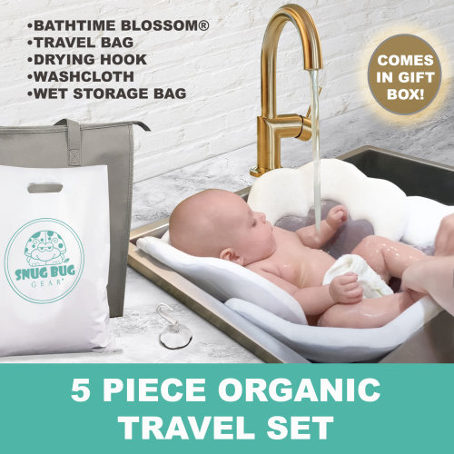 ORGANIC Baby Bath Flower Sink Cushion Travel Set -Bamboo & Cotton Towel material- Soft Gray Flower for Infant Bathtime