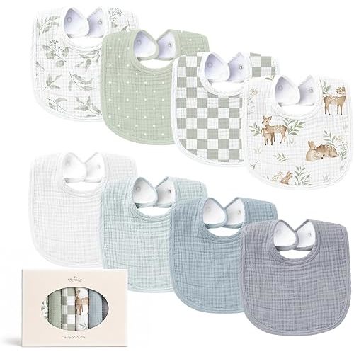 Konssy 8-Pack Muslin Baby Bibs, Adjustable Fit for Drooling and Teething, Stone