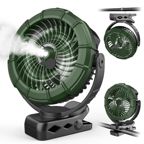Ausic Portable Misting Clip on Fan, Golf Cart Fans, Max 45H Runtime, 100ml Camping Stroller Fan with LED, 360° Rotate Cooling Spray, Outdoor Rechargeable Battery Fans for Travel/Home/Beach