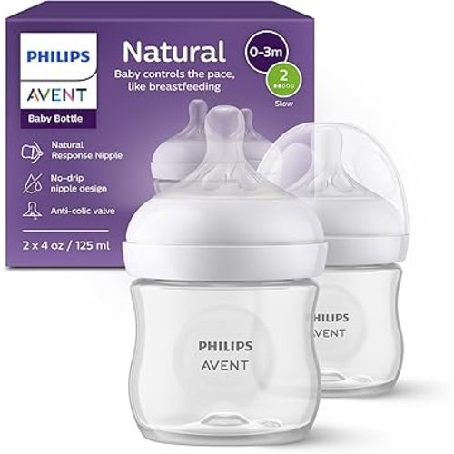 Philips Avent Natural Baby Bottles with Natural Response Nipples (Slow Flow, Flow 2), 4oz, 2-Pack, SCY900/02