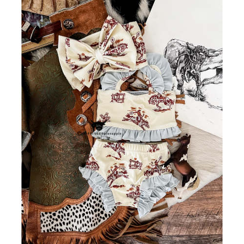 (Restocking Spring 26')Sunset Cowgirl W/Blue Ruffle Two Piece Swimsuit – theFRINGEDpineapple