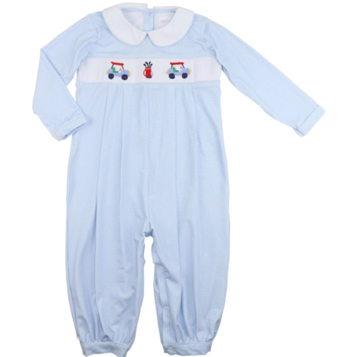 Blue Gingham Knit Smocked Golf Long Romper – Cecil & Lou