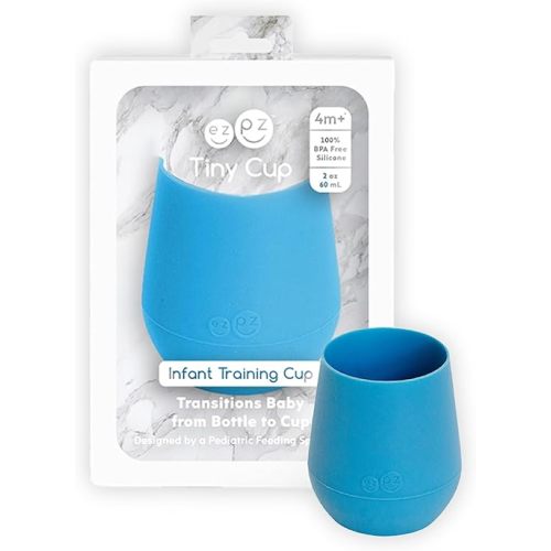 ezpz Tiny Cup (Blue) - 4 months+ - 100% Silicone Training Cup for Infants - Designed by a Pediatric Feeding Specialist - Baby-Led Weaning Essentials & Baby Gifts