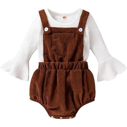 Tiny Cutey Newborn Baby Girl Clothes Bell Sleeve Romper and Corduroy Overalls Shorts Infant Girl Fall Outfits