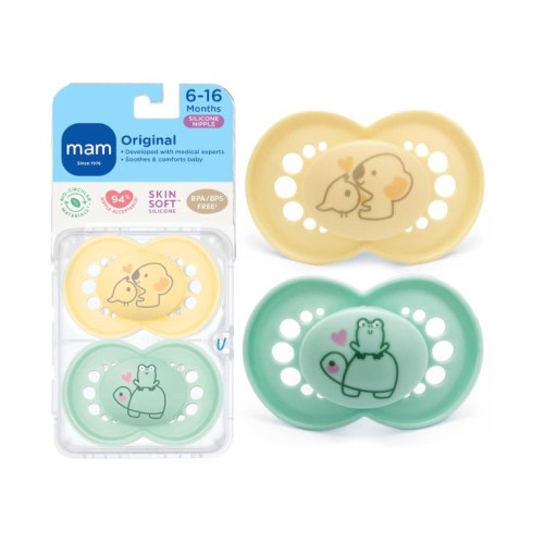 MAM Original Matte Baby Pacifiers 6-16 Months, Binky for Newborn Babies, BPA-Free Skin Soft Silicone Nipple, Easy to Clean, Developed with Medical Experts, 2 Count, with Sterilizer Cas Made in Europe