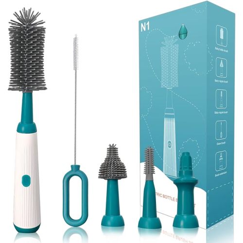 Electric Baby Bottle Brush Cleaner Set with Rechargeable Electric Bottle Cleaner and Silicone Baby Bottle Brushes and Straw Brush, Automatic Bottle Cleaner Brush for home and kitchen,Green