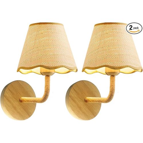 Set of Two Stick-On Hand Woven Wall Sconces, Battery Operated Wireless Wall Sconces with Remote Controlled, Adjustable Brightness Living Room Wall Decor(E26 Bulb Included)