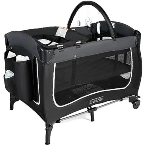Kinder King 3 in 1 Portable Baby Playard, Foldable Pack n Play, Nursery Center for Infant & Toddler, Removable Mattress, Newborn Changing Table, Travel Bag, Toy Bar, Storage Basket, Black