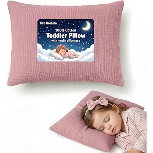 Pro Goleem Toddler Pillow with 100% Muslin Cotton Pillowcase – 13x18 Ultra Soft, Breathable & Machine Washable Kids Pillow for Sleeping, Travel, Daycare & Preschool Nap (Pink, Ages 2+)