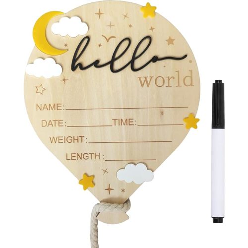 Baby Announcement Sign, ​5.9 Inch Wooden Hello World Newborn Signs, Birth Announcement Sign, Hot Air Balloon and Moon Decoration, Welcome Newborn Arrival to World, Hospital Nursery for Baby (Blue)