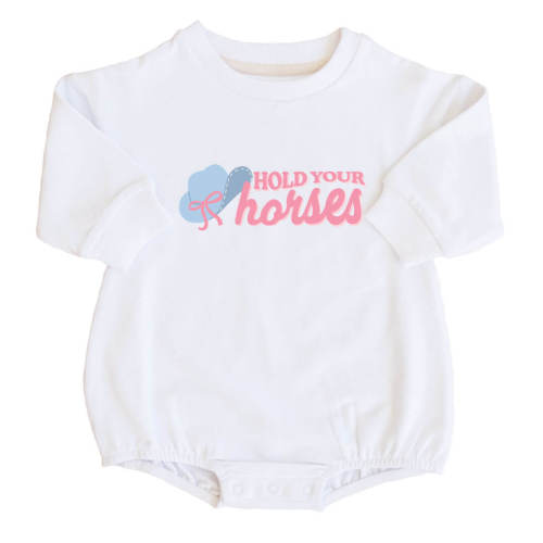 Hold Your Horses Graphic Sweatshirt Bubble Romper | White